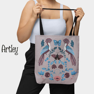 Tote Bag Beau violet folk art paon fleuri