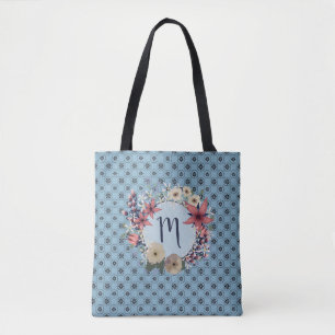 Tote Bag Beauté bleue   Couronne de monogramme floral