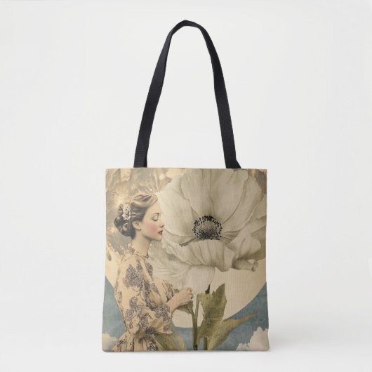 Tote Bag Beauté Lune - Femme avec Fleur Blanche et Lune (Devant)
