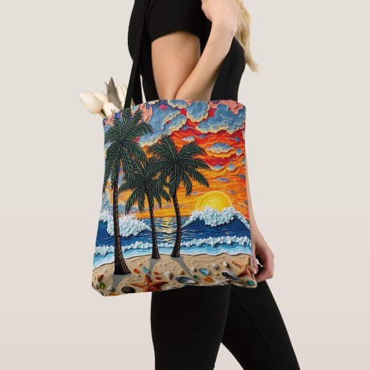 Tote Bag Beautiful Beach Scene with Palm Trees (De près)