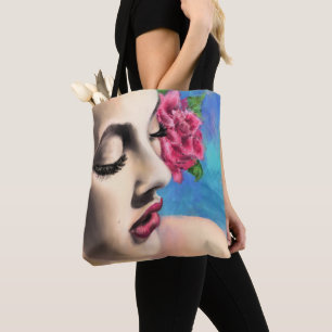 Tote Bag Beauty Woman avec Rose rouge - Art de la peinture