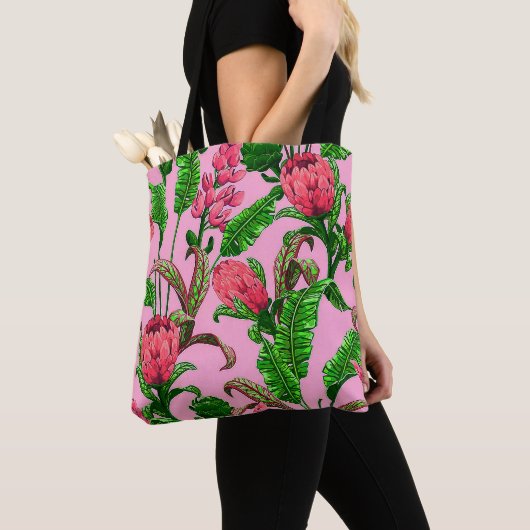 Tote Bag Beaux Feuilles verts tropicaux aux fleurs rouges | (De près)