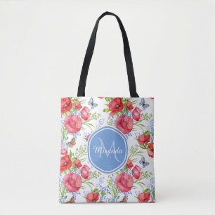 Tote Bag Beaux pavots rouges avec les papillons bleus et le