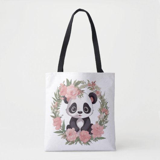Tote Bag Bébé adorable Panda Ours avec fleurs (Devant)