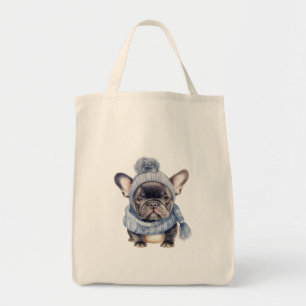 Tote Bag Bébé d'hiver Bulldog en Casquette bleu et Écharpe