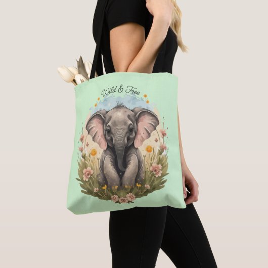 Tote Bag Bébé mignon Eléphant Calf Fleur sauvage Wanderlust (De près)