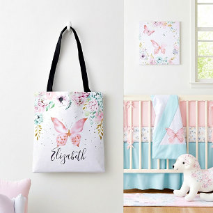 Tote Bag Bébé papillon et fleurs pastel
