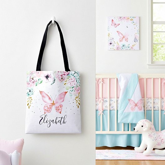 Tote Bag Bébé papillon et fleurs pastel