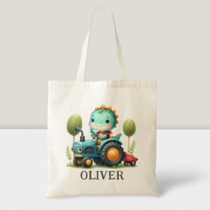Tote Bag Bébé Trex dinosaure mignon sur un tracteur bleu
