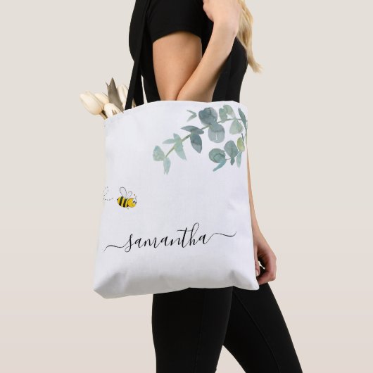 Tote Bag Bee eucalyptus vert nom blanc script mignon (De près)