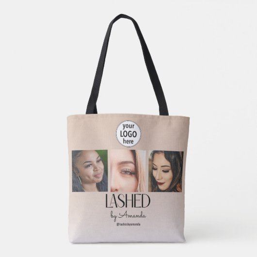 Tote Bag Beige Blush Lashed Minimalist Script Photo Logo (Dos)