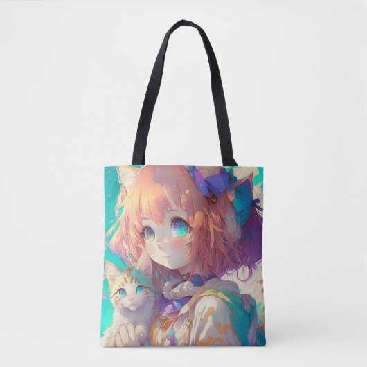 Tote Bag Belle Anime Girl avec Cute Kitten (Devant)