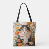 Tote Bag Belle Chat Calico Avec Fleurs Marigold (Dos)