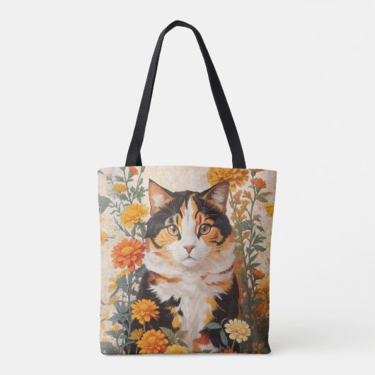 Tote Bag Belle Chat Calico Avec Fleurs Marigold (Dos)