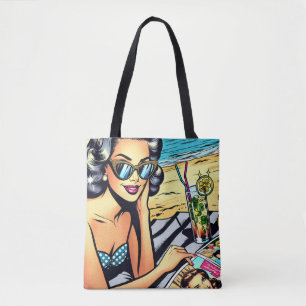 Tote Bag Belle Dame Rétro à la Plage avec Cocktail