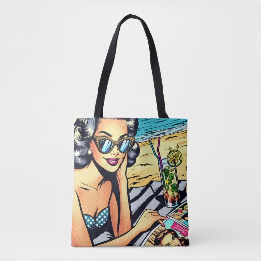 Tote Bag Belle dame rétro à la plage avec Cocktail (Devant)