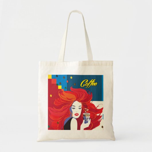 Tote Bag "Belle Femme de mode avec Café Cup" Pop Art (Devant)