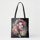 Tote Bag Belle Fille Avec Fleurs Roses Roses Rose Noire (Devant)