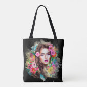 Tote Bag Belle Fille Avec Fleurs Roses Roses Rose Noire (Dos)