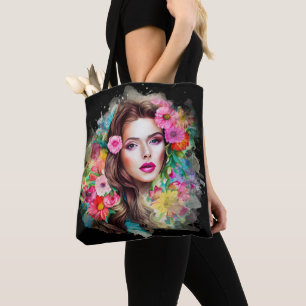 Tote Bag Belle Fille Avec Fleurs Roses Roses Rose Noire