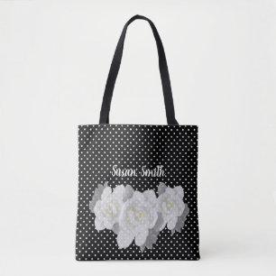 Tote Bag Belle Gardenia Blanche Fleur Noir Blanc Polka Poin