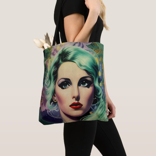 Tote Bag Belle Lavande & Green Retro Style Space Woman (De près)