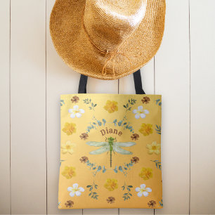 Tote Bag Belle libellule Vintage Fleurs vert et or