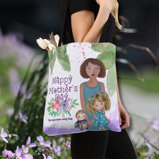 Tote Bag Belle mère et enfants Illustration florale