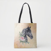 Tote Bag Belle tête de cheval noir Portrait d'aquarelle (Devant)