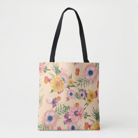 Tote Bag Belles Fleurs Colorées Avec Feuilles (Devant)