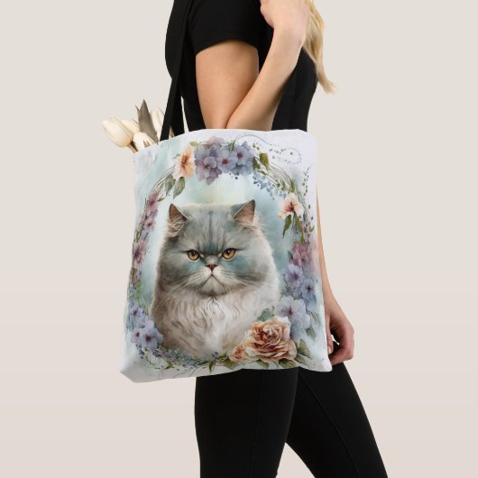 TOTE BAG BELLES FLEURS DE CHAT PERSIAN GRAY WATERCOLOR (De près)