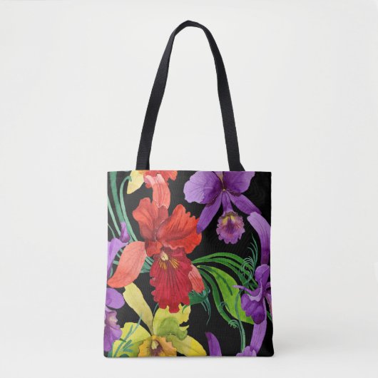 Tote Bag Belles fleurs d'orchidées d'aquarelle en noir (Devant)