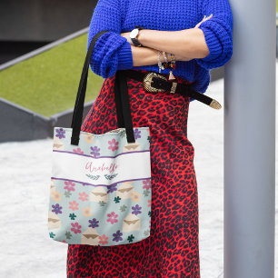 Tote Bag Belles fleurs et enveloppes violettes avec nom