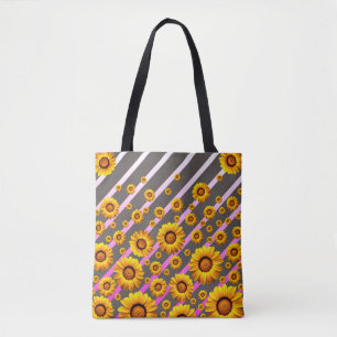 Tote Bag Belles fleurs jaunes sur gris, rayures roses