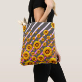 Tote Bag Belles fleurs jaunes sur gris, rayures roses (De près)