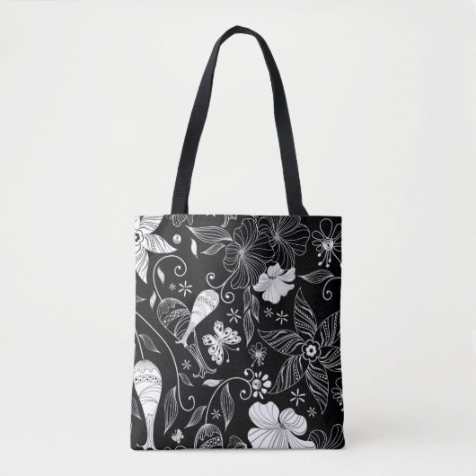Tote Bag Belles fleurs rétro en noir et blanc motif (Devant)