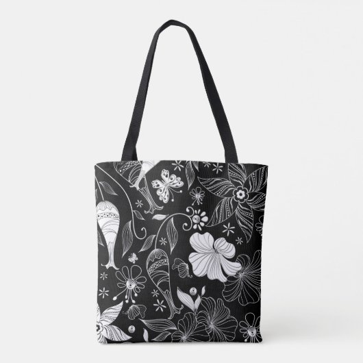 Tote Bag Belles fleurs rétro en noir et blanc motif (Dos)