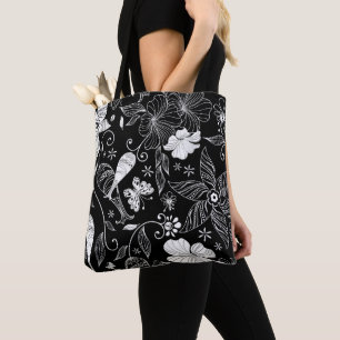 Tote Bag Belles fleurs rétro en noir et blanc motif