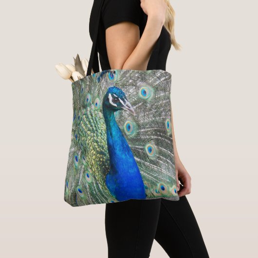 Tote Bag Belles plumes de paon bleu (De près)