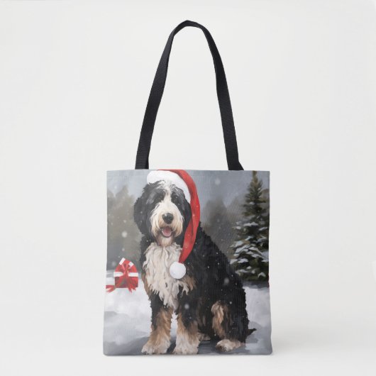 Tote Bag Bernedoodle Chien dans Noël de neige (Devant)