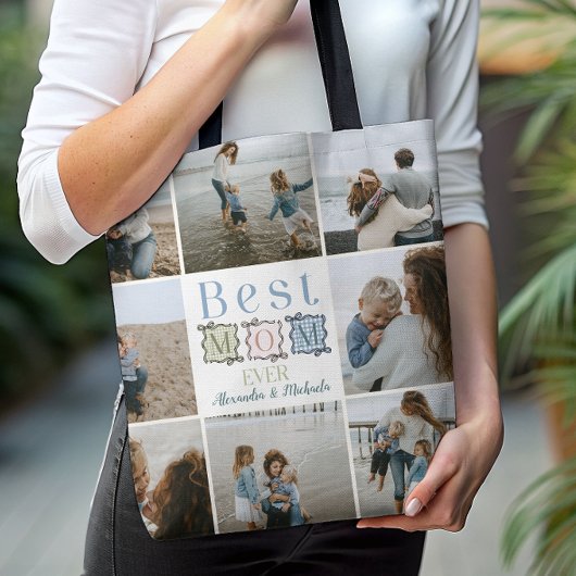Tote Bag Best Mom Ever Plaid Patchwork Photo