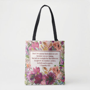 Tote Bag Bible chrétien floral aquarelle corail Bourgogne