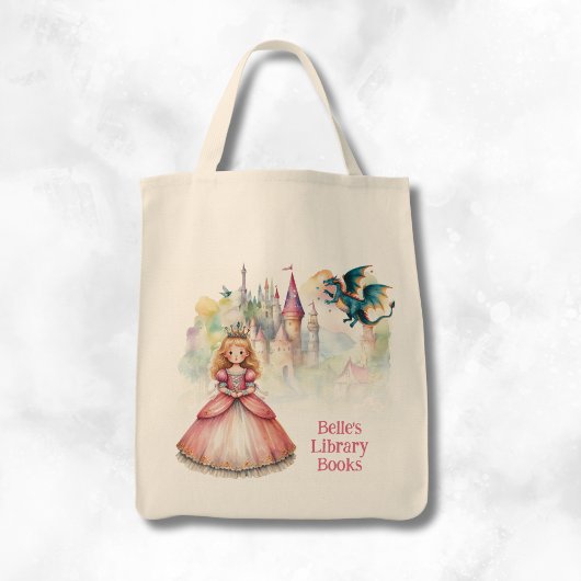 Tote Bag Bibliothèque de dragon de princesse de conte de fé