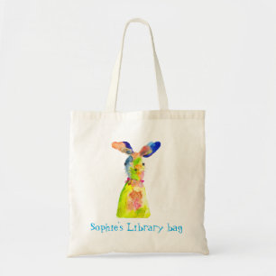 Tote Bag Bibliothèque de lapin mignon aquarelle nom