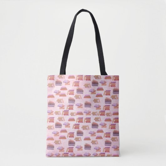 Tote Bag Bibliothèque motif de livres d'aquarelle rose et v (Devant)