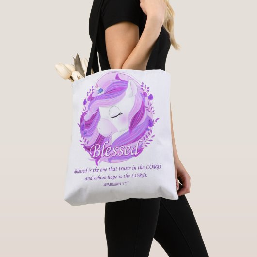 Tote Bag Bienheureux Verse de la Bible : Unicorne chrétienn (De près)