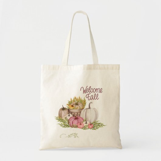 Tote Bag Bienvenue Citrouilles blancs rose automne (Devant)