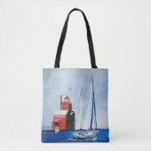 Tote Bag Big Red Michigan Lighthouse and Sailboat Peinture (Devant)
