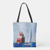 Tote Bag Big Red Michigan Lighthouse and Sailboat Peinture (Dos)
