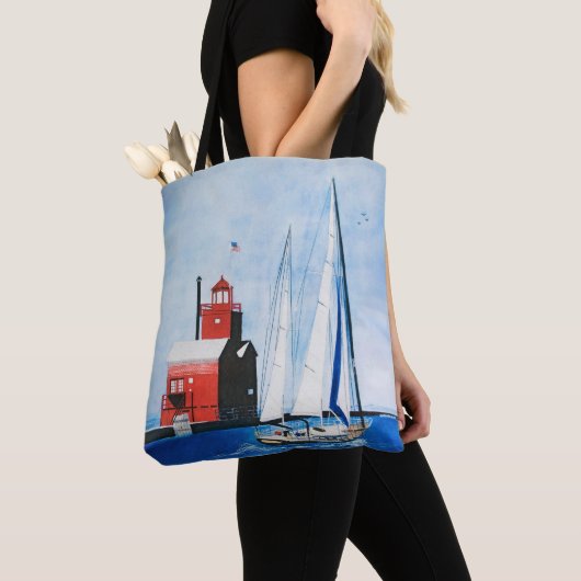 Tote Bag Big Red Michigan Lighthouse and Sailboat Peinture (De près)
